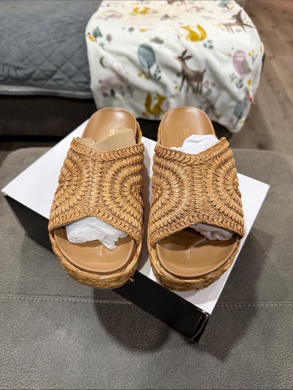 Nine West Corel 2 Tan Woven Platform Wedge Slides